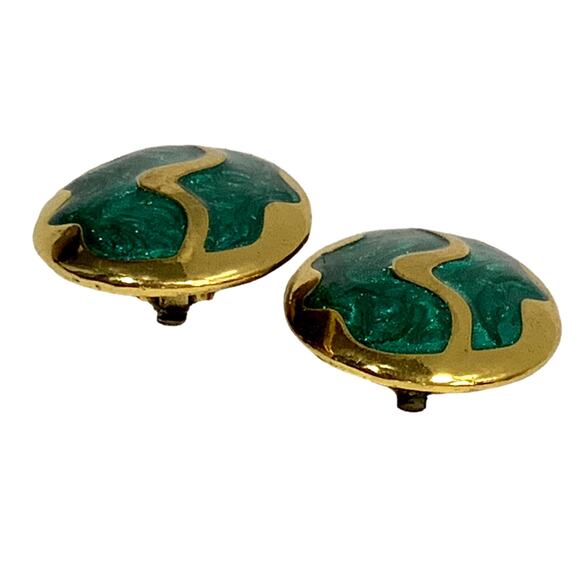 Vintage 80s Large Oval Gold & Green Enamel Swirl Clip Earrings | 1.5 x 1" - Picture 5 of 8